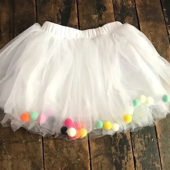 White Rainbow Pom-Poms Tutu Tulle Skirt Toddler Medium 3T 4T - Picture 1 of 6